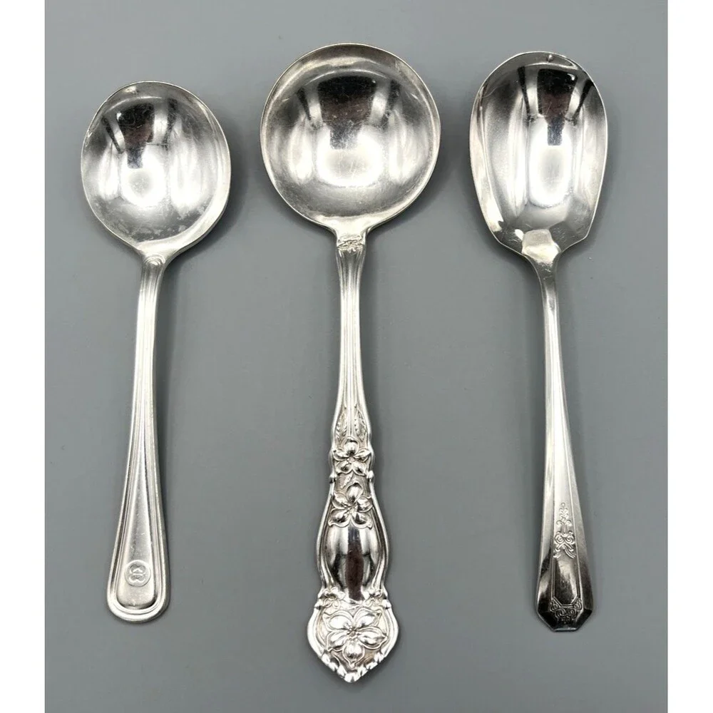 Lot of 3 Vtg Wm A Rogers Spoons Unidentified Patterns Sugar Cream Soup Glossy